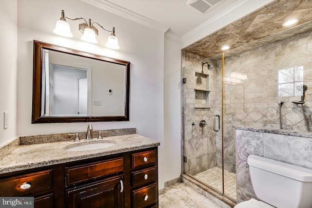 bathroom with a shower with shower door, ornamental molding, vanity, toilet, and tile patterned floors