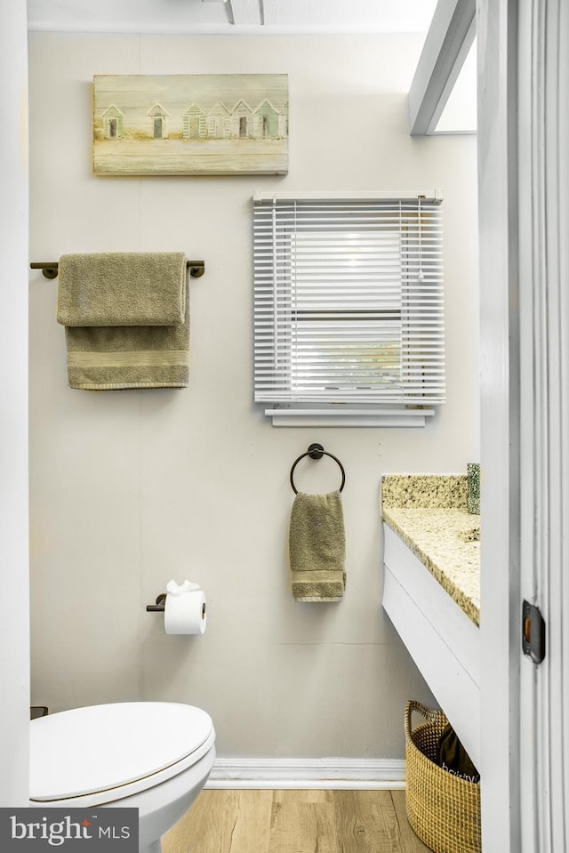 bathroom featuring vanity, wood-type flooring, and toilet