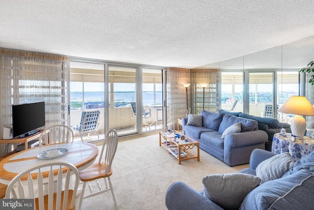 carpeted living room with a water view, plenty of natural light, a textured ceiling, and a wall of windows