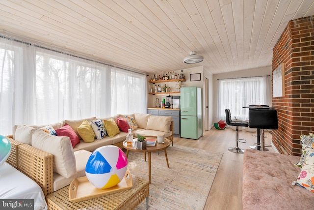 living area with light wood-type flooring and wood ceiling