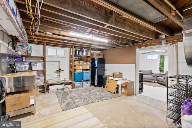 basement with freestanding refrigerator