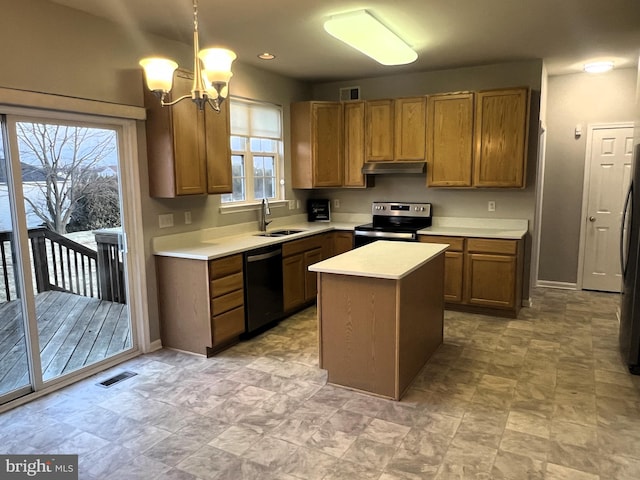 kitchen featuring stainless steel electric range oven, dishwashing machine, a sink, light countertops, and under cabinet range hood