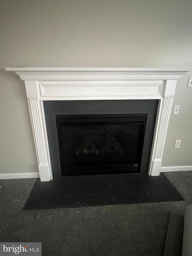 details featuring a fireplace with flush hearth and baseboards