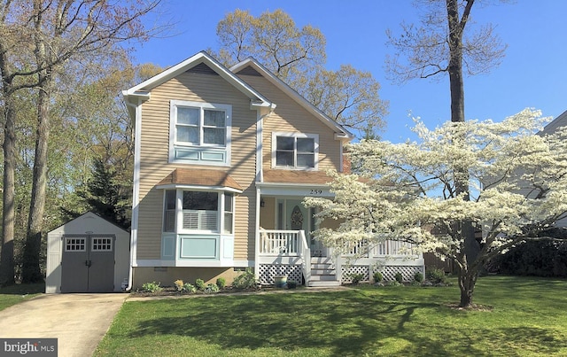 view of front of house featuring an outbuilding, a storage unit, a porch, and a front lawn