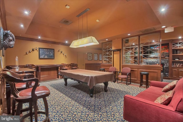 playroom with recessed lighting, a raised ceiling, a decorative wall, and billiards