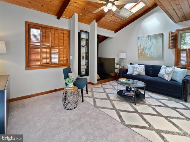 living area featuring wooden ceiling, light carpet, lofted ceiling with beams, and baseboards