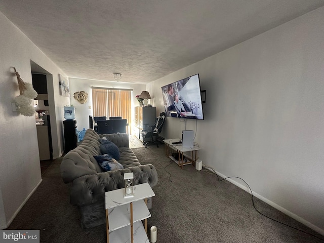 living room with carpet floors and a textured ceiling