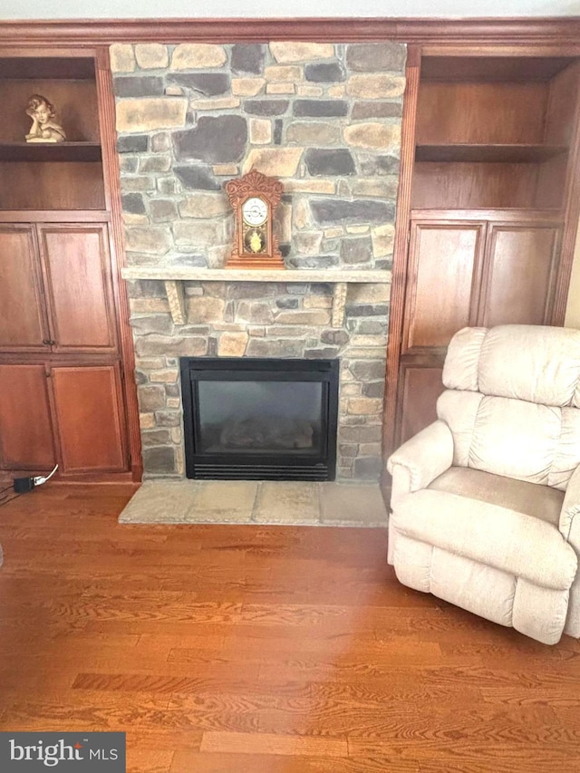 interior space featuring a stone fireplace and wood finished floors