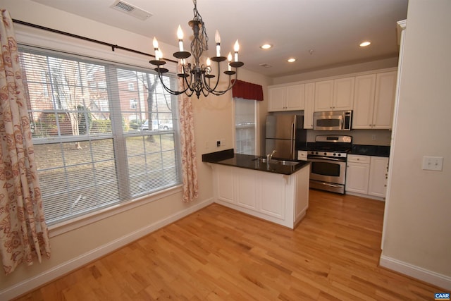 kitchen with white cabinetry, appliances with stainless steel finishes, light hardwood / wood-style floors, and kitchen peninsula