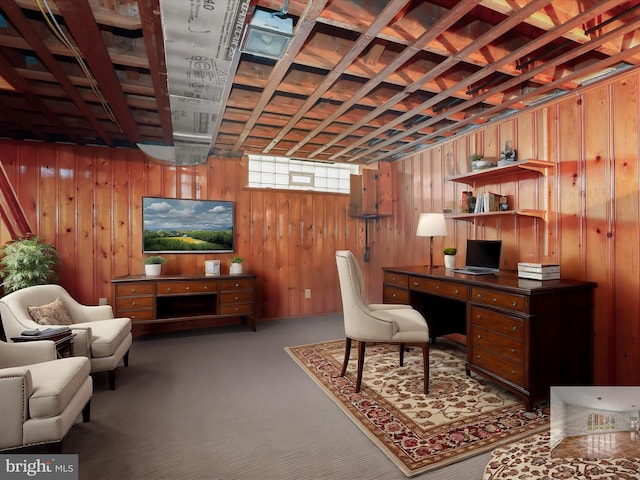 office space with wooden walls and carpet flooring