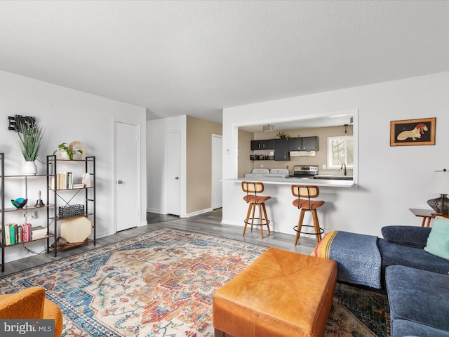 living room with dark wood-type flooring and a textured ceiling