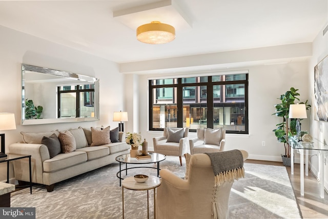 living room with a wealth of natural light and wood-type flooring