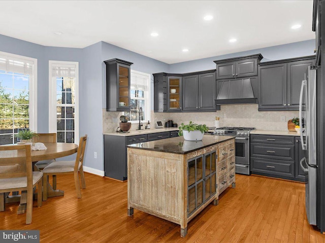 kitchen featuring custom range hood, light wood-style flooring, tasteful backsplash, and stainless steel appliances