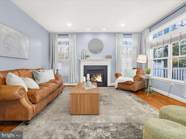 living area with wood finished floors, a fireplace with flush hearth, a healthy amount of sunlight, and baseboards