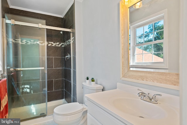 bathroom with a shower stall, toilet, and vanity