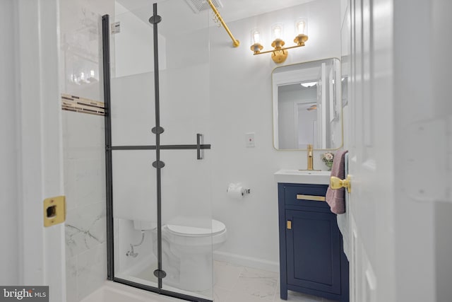 full bath featuring marble finish floor, toilet, a shower stall, vanity, and baseboards