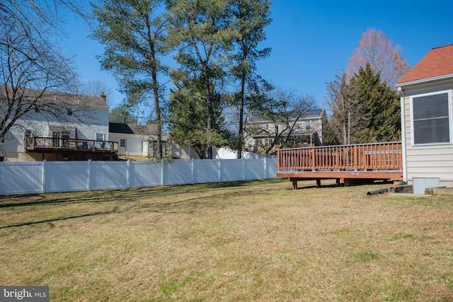 view of yard featuring a wooden deck and fence