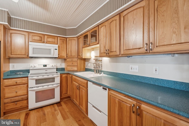 kitchen with sink, white appliances, and light hardwood / wood-style flooring