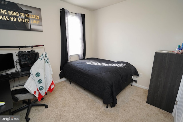 bedroom with light colored carpet