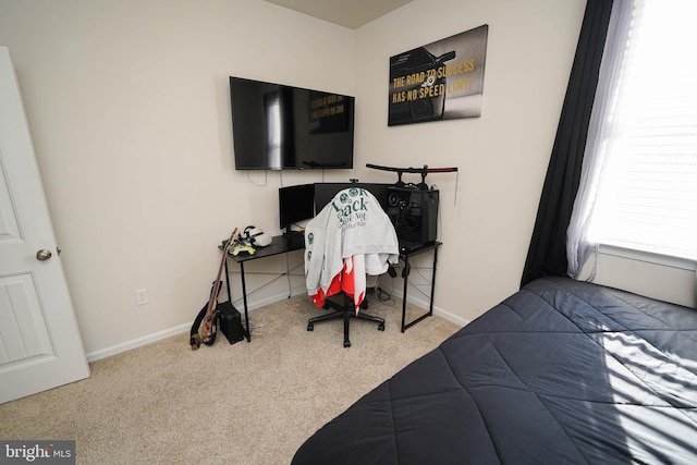 bedroom featuring light colored carpet