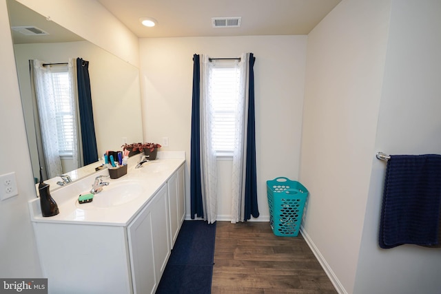 bathroom featuring vanity, hardwood / wood-style flooring, and a healthy amount of sunlight