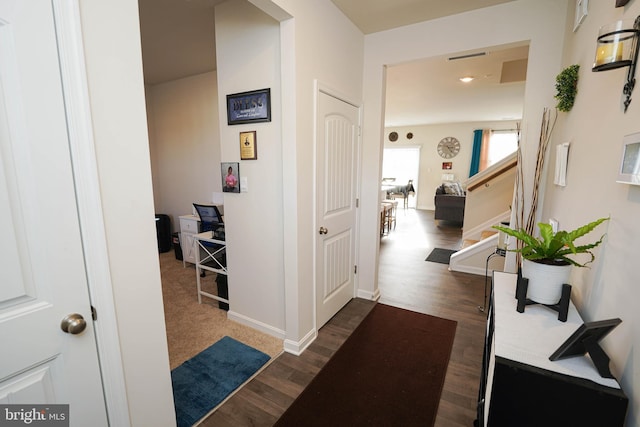 hall with dark wood-type flooring