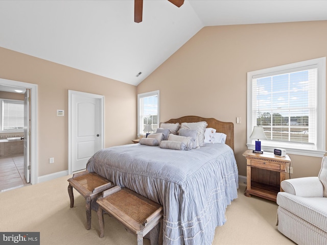 bedroom featuring lofted ceiling, visible vents, light carpet, ceiling fan, and baseboards