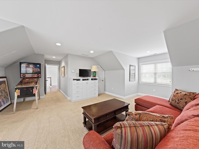 living room with lofted ceiling, recessed lighting, light colored carpet, and baseboards