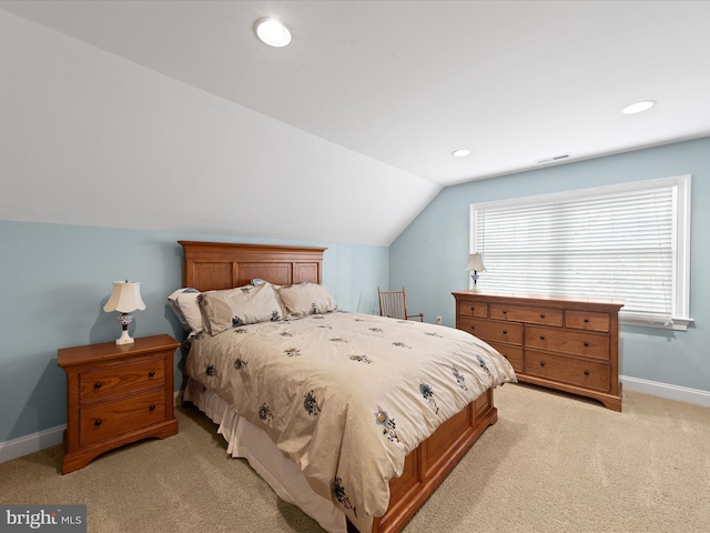 bedroom with light carpet, baseboards, visible vents, lofted ceiling, and recessed lighting