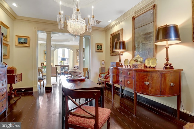 dining space with arched walkways, dark wood-style floors, decorative columns, and crown molding