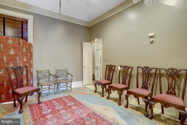 living area featuring baseboards and crown molding