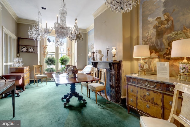 interior space with dark carpet, a chandelier, and crown molding