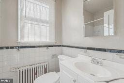 bathroom with vanity, radiator, and a healthy amount of sunlight