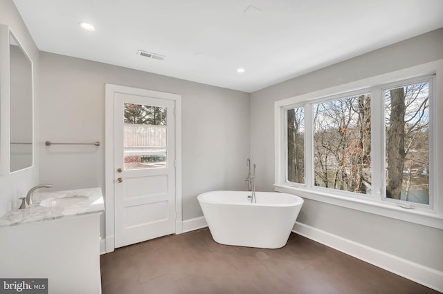 bathroom with vanity, plenty of natural light, and a bath