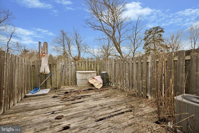 deck featuring a fenced backyard and central AC unit