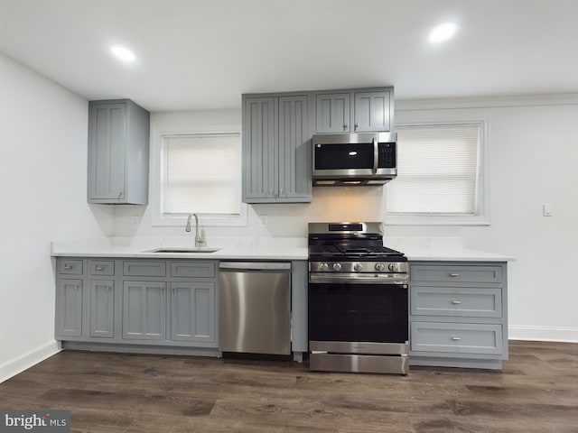 kitchen featuring stainless steel appliances, gray cabinets, sink, and dark hardwood / wood-style flooring