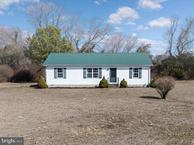 ranch-style house with crawl space and metal roof