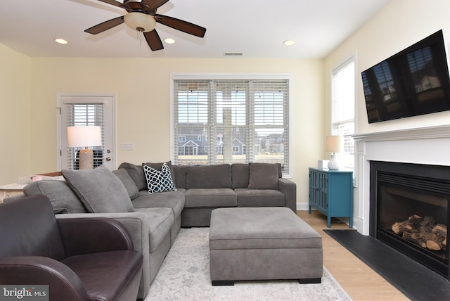 living room featuring ceiling fan and light hardwood / wood-style floors