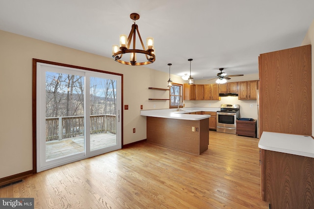 kitchen with decorative light fixtures, visible vents, brown cabinetry, stainless steel range with electric cooktop, and a peninsula