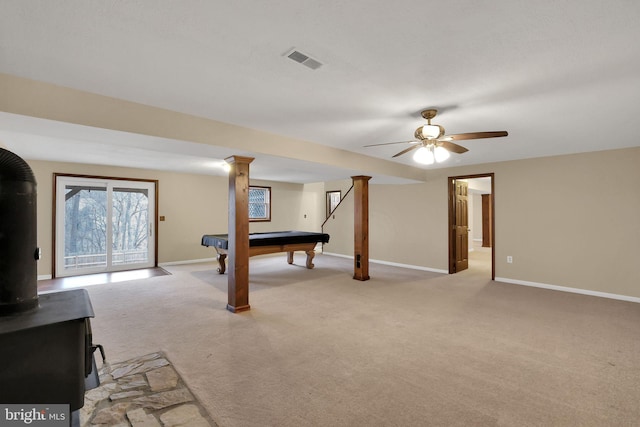 playroom featuring baseboards, visible vents, and light colored carpet