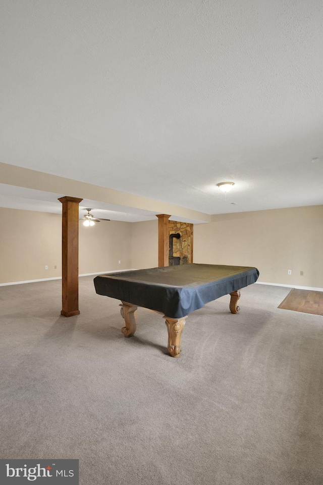 playroom with a textured ceiling, baseboards, carpet flooring, and pool table