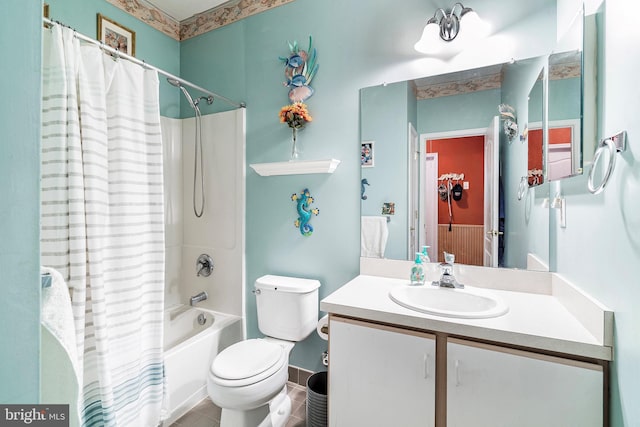 full bathroom with vanity, toilet, tile patterned floors, and shower / bath combo with shower curtain