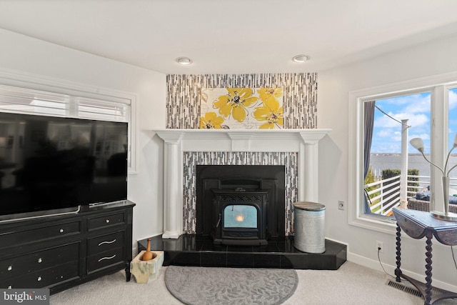 317 Kennard Ave, Edgewood, MD 21040 - carpeted living area featuring a wood stove, visible vents, and baseboards