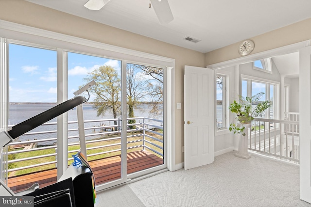 317 Kennard Ave, Edgewood, MD 21040 - interior space featuring ceiling fan, carpet, visible vents, a water view, and baseboards