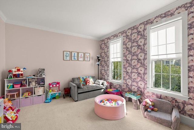 game room featuring baseboards, carpet floors, wallpapered walls, and crown molding