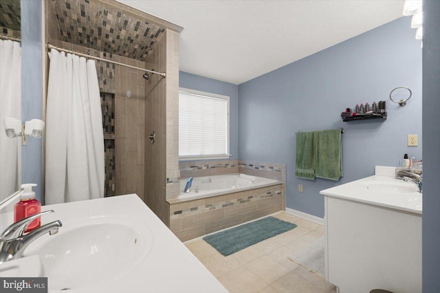 bathroom featuring a tile shower, a garden tub, vanity, and tile patterned floors