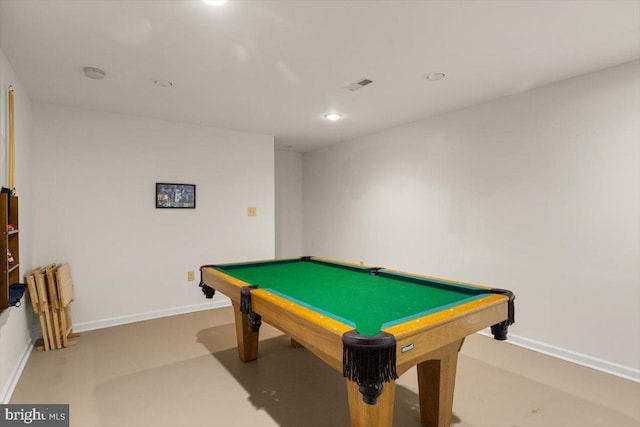 game room featuring recessed lighting, pool table, visible vents, finished concrete floors, and baseboards