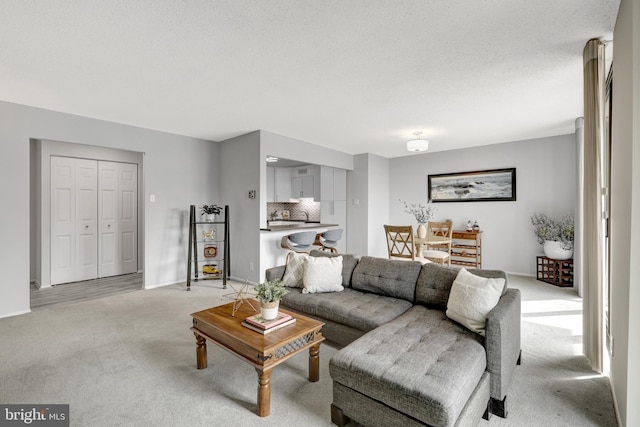 carpeted living room featuring a textured ceiling