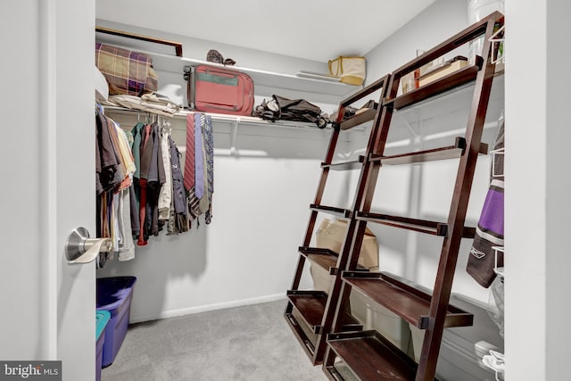 walk in closet featuring light colored carpet