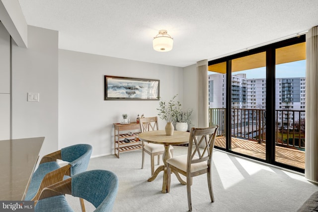 carpeted dining space with expansive windows and a textured ceiling